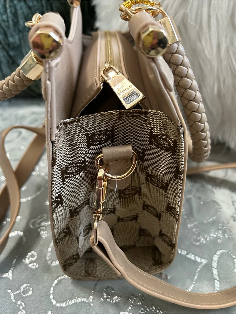 NWT Bebe Celia Beige Tan Logo Jacquard Braided-Handle Mini-Satchel